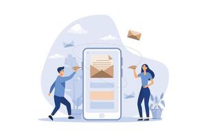 Phone users online chat. People with paper planes sending electronic messages. Flat vector illustration. Communication, internet concept for banner, website design or landing web page.