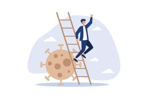 Business vision new normal after Coronavirus COVID-19 pandemic causing financial crisis and economy recession concept, businessman leader holding telescope on top of ladder above Coronavirus pathogen vector