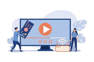 Vector illustration for movie watching, home entertainment concept. Tiny couple watching video on Internet. Man holding remote control, woman standing by receiver or smart box with Wi-Fi signal