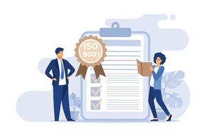 Tiny business people passed standard quality control isolated flat vector illustration. Cartoon document standardization industry. ISO system and international certification concept