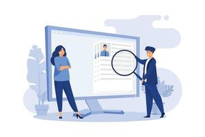 Tiny HR manager looking for candidate for job. Interview, magnifier, computer screen flat vector illustration. Career and employment concept for banner, website design or landing web page