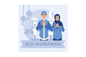 ilustración de pareja musulmana para saludos de eid mubarak, feliz ilustración de eid al-fitr para banner o página de inicio del sitio web vector