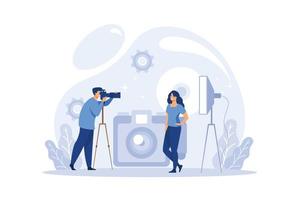 Taking part in photo session concept. Young smiling pretty woman cartoon character standing posing with man photographer making photo of her in studio vector illustration
