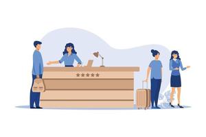 Friendly receptionists from hotel registration desk help client vector illustration. People waiting in queue for consultation. Concierge talking with traveler concept for presentation slides.