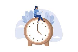 Flexible working hours, work life balance or focus and time management while working from home concept, young lady woman working with laptop while doing yoga or meditation on clock face. vector