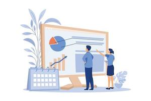 Young tiny analysts preparing monthly report. Calendar, chart, arrow flat vector illustration. Statistics and digital technology concept for banner, website design or landing web page