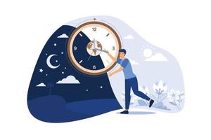 hombre moviendo flechas de reloj y administrando el tiempo. planeta, noche y día en segundo plano. ilustración vectorial para ritmos circadianos, rutina diaria, cambio matutino y vespertino, concepto de movimiento planetario vector