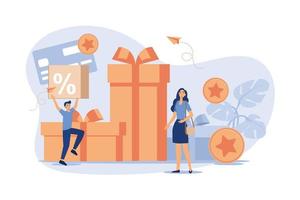 Loyalty program concept. People getting gifts and rewards from store, bonus points, discount. Flat vector illustration for promotion, commerce, sale, marketing topics