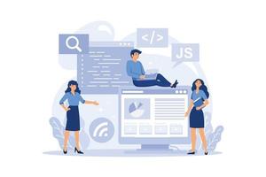 Programming concept. Idea of working on the computer, coding, testing and writing program. Website front end development. flat design modern illustration vector