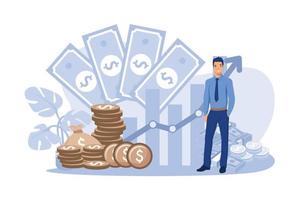 Successful entrepreneur or investor presenting stack of money and growth diagram. Businessman in suit standing at cash. Vector illustration for financial success, economy, trade concept.