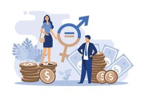 igualdad salarial de género en la ilustración de vector plano aislado de negocios. pequeños personajes femeninos y masculinos felices trabajando juntos con respeto. concepto de diversidad, tolerancia y discriminación.