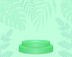 Round display podium mockup green color with plant leaves. Nature bio concept. Vector 3D pedestal. Geometric rendering platform. Product presentation, show organic products, stage pedestal.