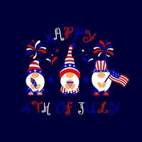 Patriotic gnomes Happy 4th of july with american flag, popcorn, fireworks. Vector illustration. Independence day concept. T shirt print, typographic poster, banner.