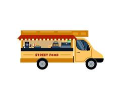 Street food truck vehicle isolated on white. Vector illustration. Cartoon flat style. Hot dog, hamburger, coffee, ketchup, mayonnaise. Delivery concept.