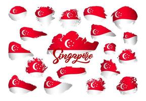 Set of Singapore flag with hand lettering logo of country. Red white color. Shape of watercolor spots. Vector illustration. Graphic element of flyer design, business card.