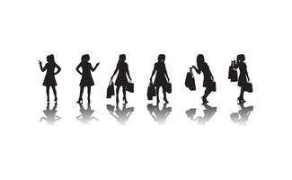 Silhouette of realistic girl with bags. Shopping concept. Happy funny woman. Vector isolated illustration. Template for advertising, poster, banner.