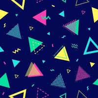 Geometric memphis seamless pattern in style of the 80s- 90s. Triangular shapes on dark blue background. Trendy design for wallpaper, fabric, paper, textile, poster, banner, invitation, card, cover. vector