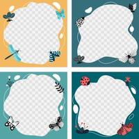 insectos, mariposas, escarabajos, flores. conjunto de marcos vectoriales en forma de punto en un estilo de dibujos animados planos. plantilla para fotos, postales, invitaciones para niños. vector