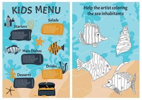 Cute colorful vector template for children's menu with sea animals and logical children's game. Cartoon style.