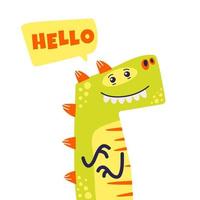 Cute cartoon dinosaur says hello. Vector flat illustration.