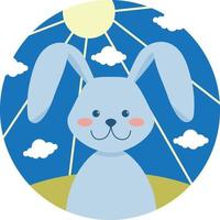 Cute rabbit on nature background. Symbol of the new year. Hello spring postcard. Flat cartoon vector illustration.