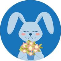 Cute rabbit with a bouquet of flowers. Symbol of the new year. Hello spring postcard. Flat cartoon vector illustration.