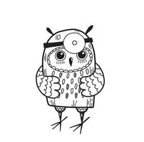 Happy Doctor's Day. Owl in the form of a otolaryngologist. Vector hand drawn cartoon illustration.