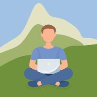 Man with laptop working at mountains with crossed legs vector