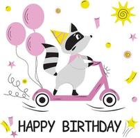 Birthday background, raccoon in a cap rides a scooter on the road with balloons.  Illustration for birthday children greeting card or poster in vector. vector