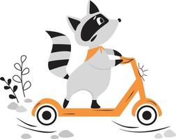 Raccoon rides a scooter on the road. Vector illustration for kids. Can be used for shirt design, fashion print design, kids wear, greeting card.