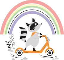 mapache monta una moto en la carretera sobre un fondo de arco iris de colores. ilustración vectorial para niños. se puede utilizar para el diseño de camisetas, diseño de estampados de moda, ropa para niños, tarjetas de felicitación. vector