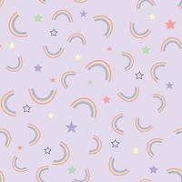 Seamless baby pattern with hand drawn rainbows and stars on a violet background. Creative kids texture for fabric, wrapping, textile, wallpaper, apparel. Vector illustration.