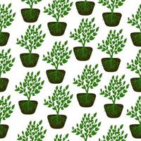 Seamless gardening pattern with cute doodle tree stem with green leaves and root in an earthy cell. vector