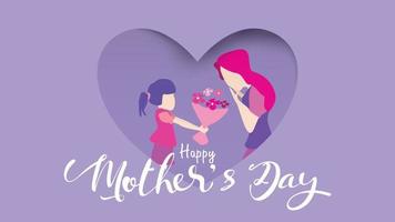 feliz día de la madre hija felicita a mamá y le da tulipanes de flores en un marco de corte de papel en forma de corazón. mamá sonriendo y sorprendiendo. estilo de diseño plano de ilustración vectorial. - vectores