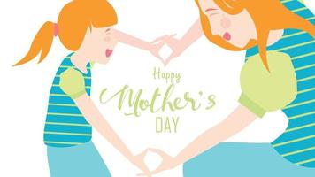 Happy mother's day Cute Child daughter congratulates mom dancing, playing, laughing, and showing heart shape symbol. Colorful vector illustration flat design style. Flat cartoon style. - vector