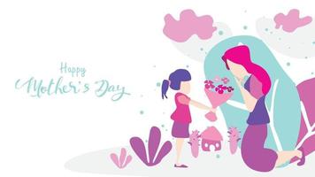 Happy mother's day Child daughter congratulates mom and gives her flowers tulips. Mum smiling and surprising. Vector illustration flat design style. - Vector