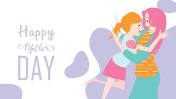 Vector illustration flat design style happy mother's day Child daughter running and hugging to her mum to congratulate with liquid shape background. Colorful flat cartoon style