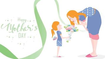 Happy mother's day Child daughter congratulates mom and gives her flowers tulips. Mum smiling and surprising. Colorful vector illustration flat design style. Flat cartoon style. - vector