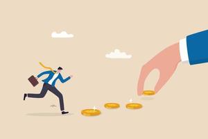 Follow the money, chasing for investment yield, profit or earning, change job for better salary or wages, greed or investing opportunity concept, greedy businessman running to grab money coin trail. vector