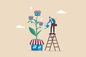 Growing business or expand shop, entrepreneur to start business building company, raising or develop success plan concept, businessman company leader watering shop growing plant with new shop blooming vector
