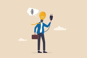 Inspiration or creativity to think of solution or solving business problem, imagination or innovation to success, brilliant idea, businessman with lightbulb head try to find electricity to light up. vector