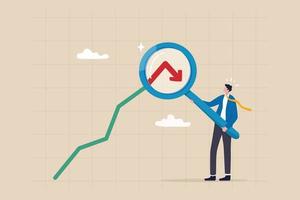 Stock market or Cryptocurrency decline, down turn or economic recession, market plunge signal, inflation or interest rate falling down concept, businessman analyst with magnifier on arrow turn down. vector