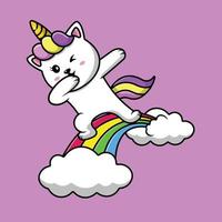 Cute Cat Unicorn Dabbing On Rainbow Cloud Cartoon Vector Icon Illustration. Animal Nature Icon Concept Isolated Premium Vector.