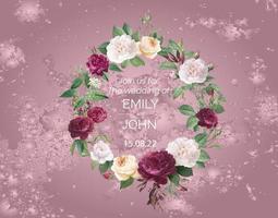 Flowers garland with wedding invitation on pink background vector