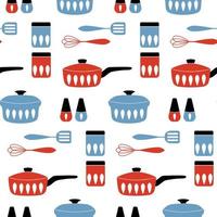 Seamless vector pattern with cookware for cooking food. Mid century modern style. Good for print.