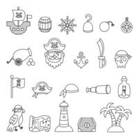 Set of black and white pirate elements. Coloring page. vector