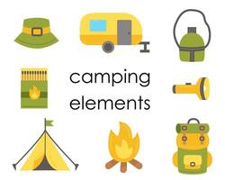 Set of flat camping elements for creating logos, cards and posters. vector