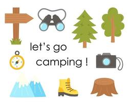 Set of flat camping elements. Lets go camping card. vector