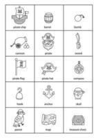 Set of cartoon black and white pirate elements with names. vector