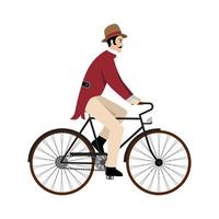 hombre en bicicleta antigua retro vintage grabado ilustración vectorial. imitación de estilo plano. imagen dibujada a mano. vector